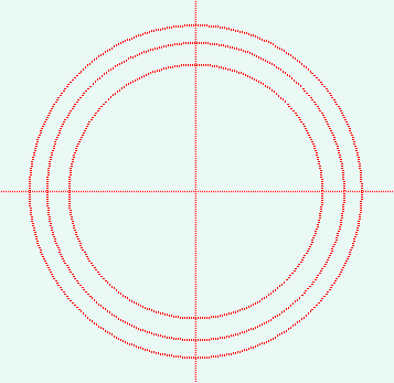 歯先円直径、ピッチ円直径、歯底円直径で、原点を中心に、３つの円を描きます。