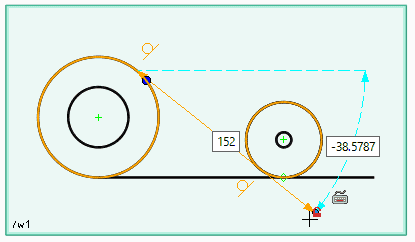 左側の外側の円上でクリックし、右側の外側の円に接する直線を描きます。