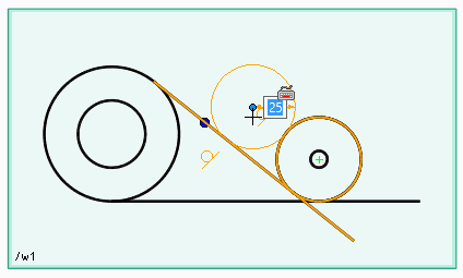 直線と右側の円と接線で接する円を描きます。