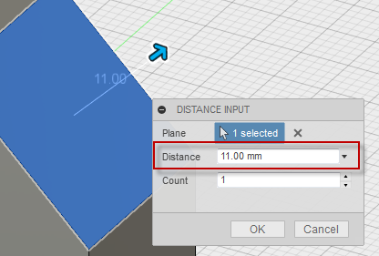 DistanceValueCommandInputは、コマンド・ダイアログの値の入力として、表示します。そして、また、グラフィックウィンドウに、ユーザーが、設定するために、値をドラッグできる矢印を表示します。