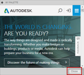 「Close」ボタンと一緒に、Autodesk webサイトを表示するパレット