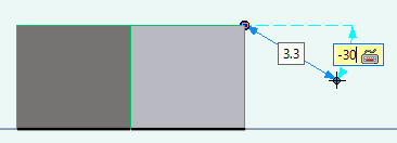 6角柱のエッジにスナップして、クリックし、斜め下に線を描き、Tabキーを押して、-30°に指定します。すると角度が30°に固定された状態で長さが変更できます。クリックして長さを確定します。