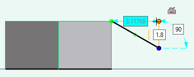直線を書き始めた、6角柱のエッジにカーソルを重ね、右側に移動し、水色の点線を表示させ、角度が90°になったところでクリックして確定します。長さは、短すぎなければ問題ありません。